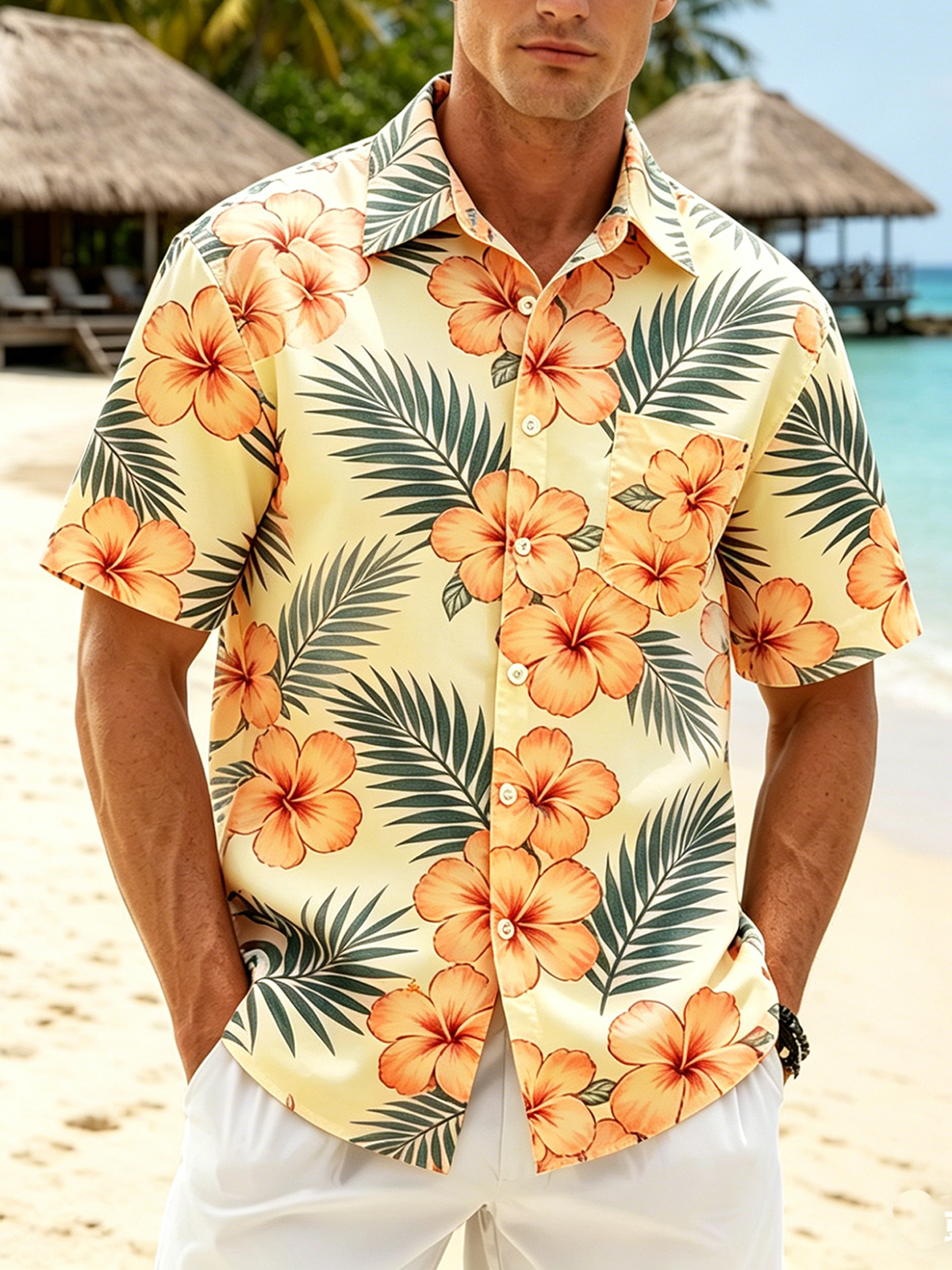 Linen-Texture  Botanical Floral Flamingo Print with Chest Pocket Holiday Hawaiian Shirt