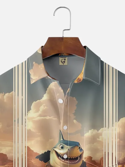 Moisture-wicking Western Cowboy Shark Chest Pocket Hawaiian Shirt