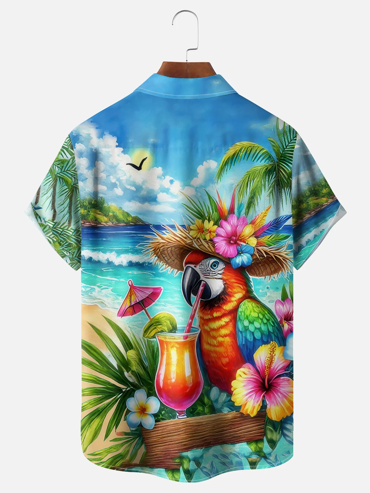 Moisture Wicking Cocktail Parrot Beach Coconut Tree Chest Pocket Hawaiian Shirt