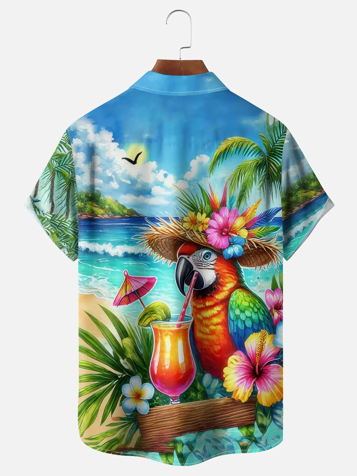 Moisture Wicking Cocktail Parrot Beach Coconut Tree Chest Pocket Hawaiian Shirt