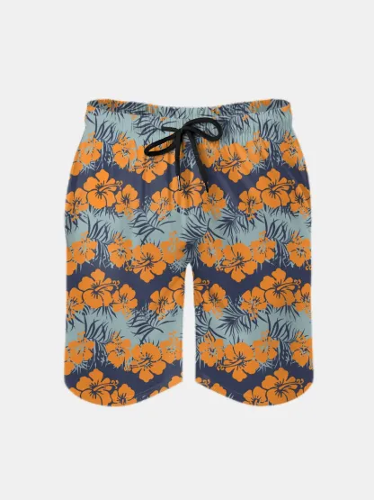 Men's Swim Trunks Hawaiian Tropical Hibiscus Flower Beach Shorts with Pockets