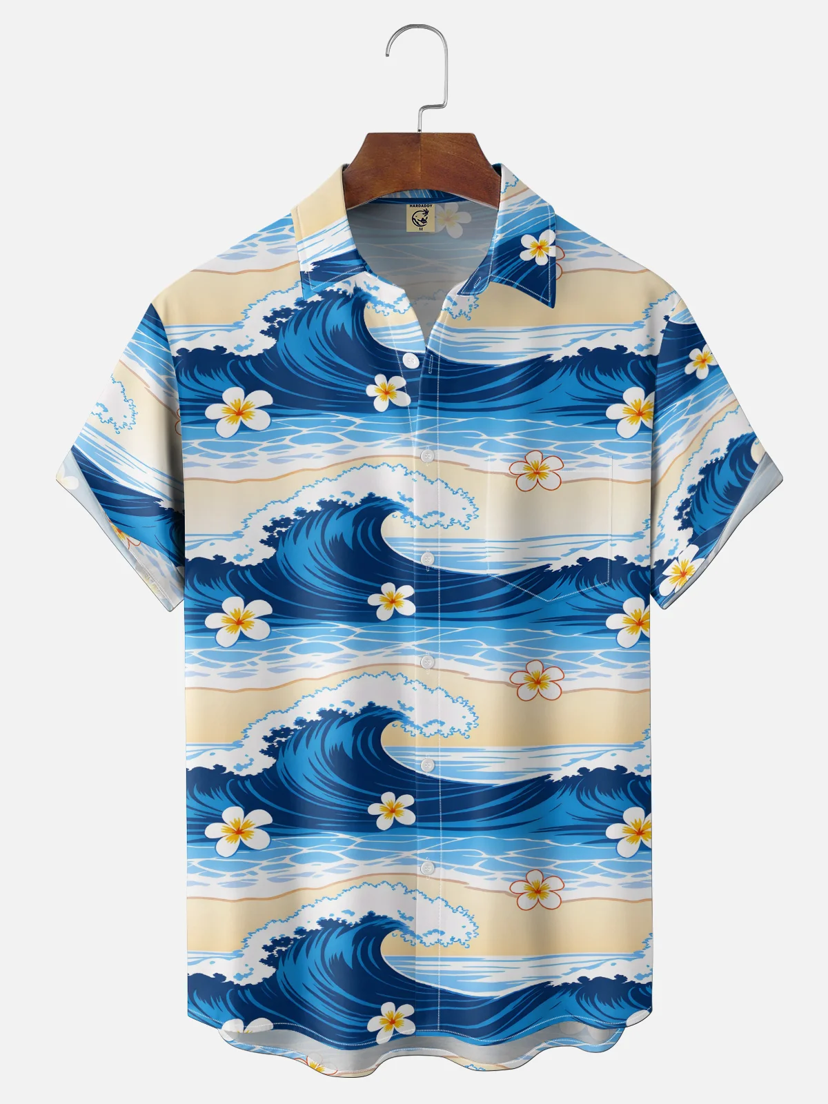 Moisture-Wicking Gradient Waves Plumeria Pattern Chest Pocket Hawaiian Shirt