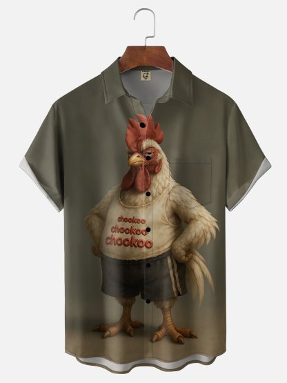 Moisture Wicking Fun Chicken Chest Pocket Hawaiian Shirt