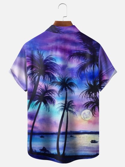 Mens Coconut Tree Sunset Print Casual Breathable Chest Pocket Short Sleeve Hawaiian Shirt