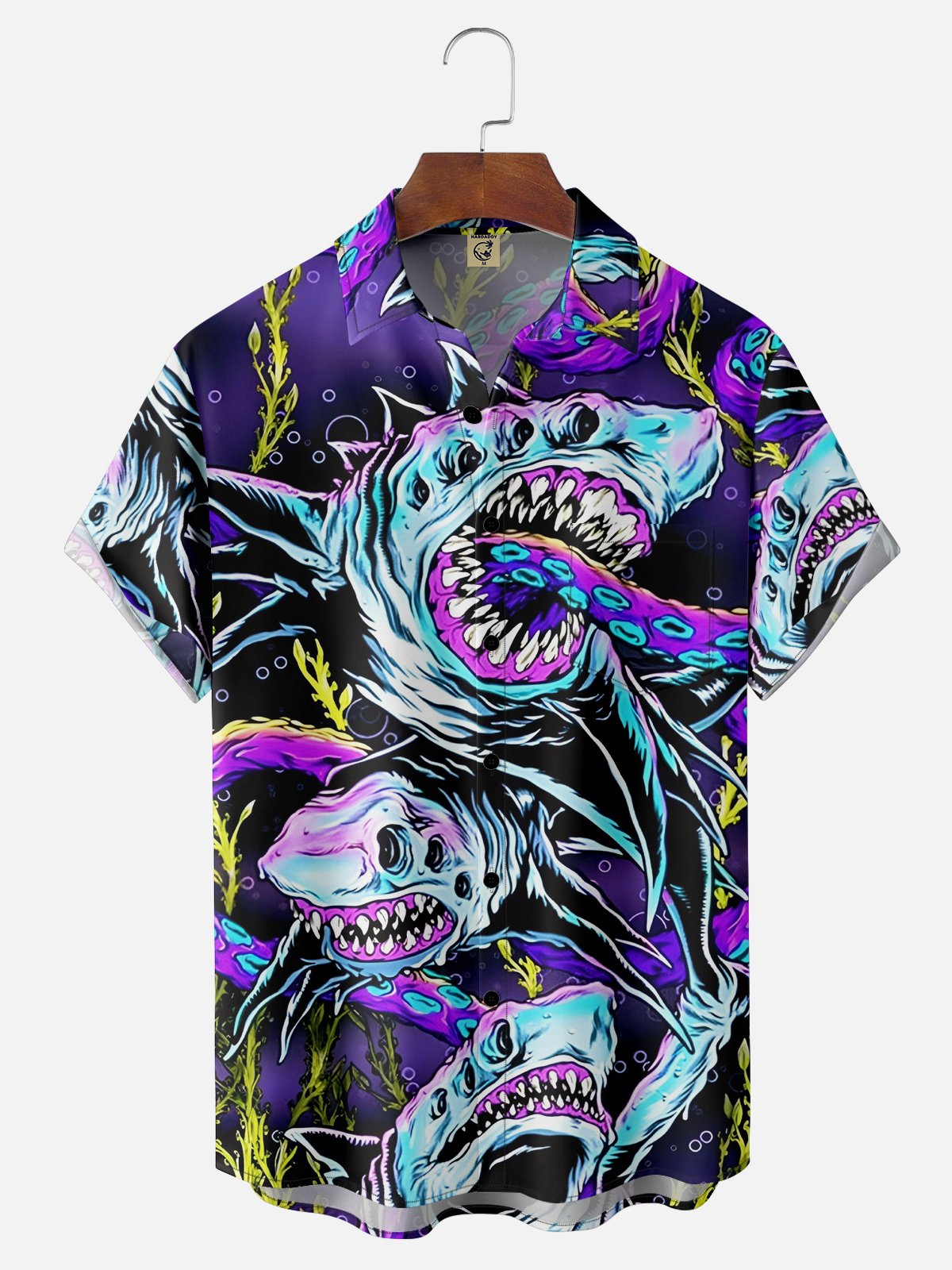 Moisture-wicking Ocean Abstract Shark Chest Pocket Hawaiian Shirt