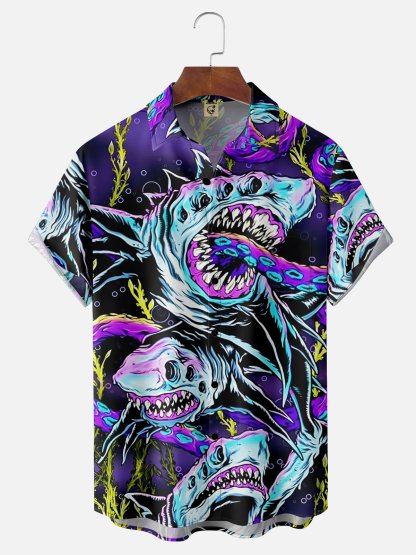 Moisture-wicking Ocean Abstract Shark Chest Pocket Hawaiian Shirt