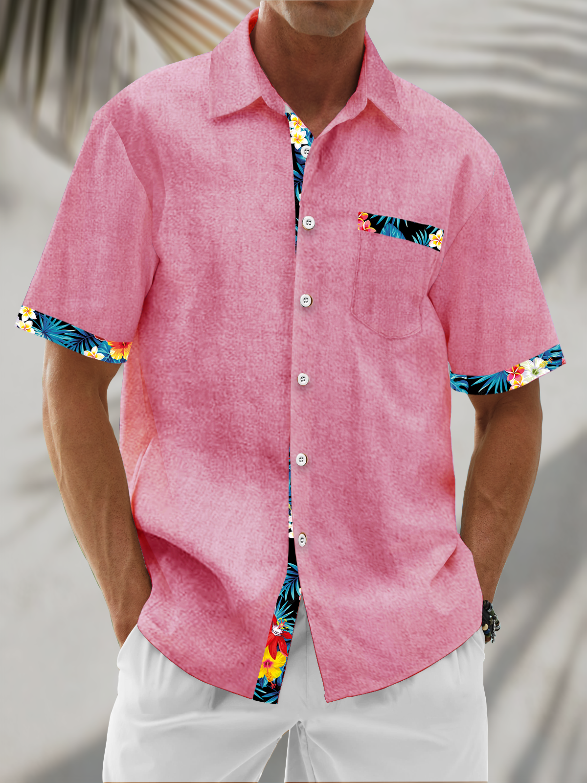 Moisture Wicking Solid Color With Floral Patchwork Chest Pocket Holiday Hawaiian Shirt