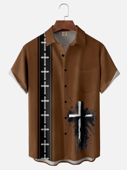 Moisture-wicking Easter Christian Cross Chest Pocket Bowling Shirt