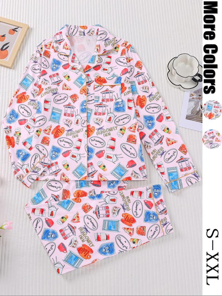 Women's Stars Hollow Gilmore Girls Pajama Set, Casual Fitted Long Sleeve Top & Elastic Pants, Comfortable Sleepwear for Holiday Party