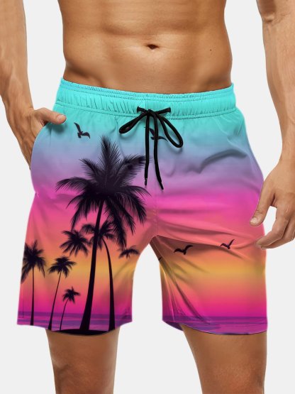 Men's Swim Trunks Hawaiian Tropical Palm Tree Beach Shorts with Pockets