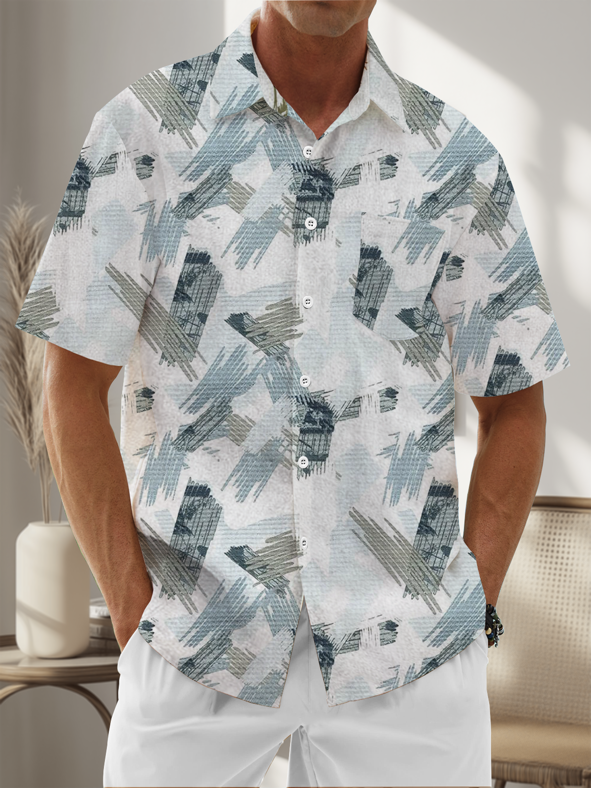 Moisture Wicking Geometric Lines Chest Pocket Hawaiian Shirt