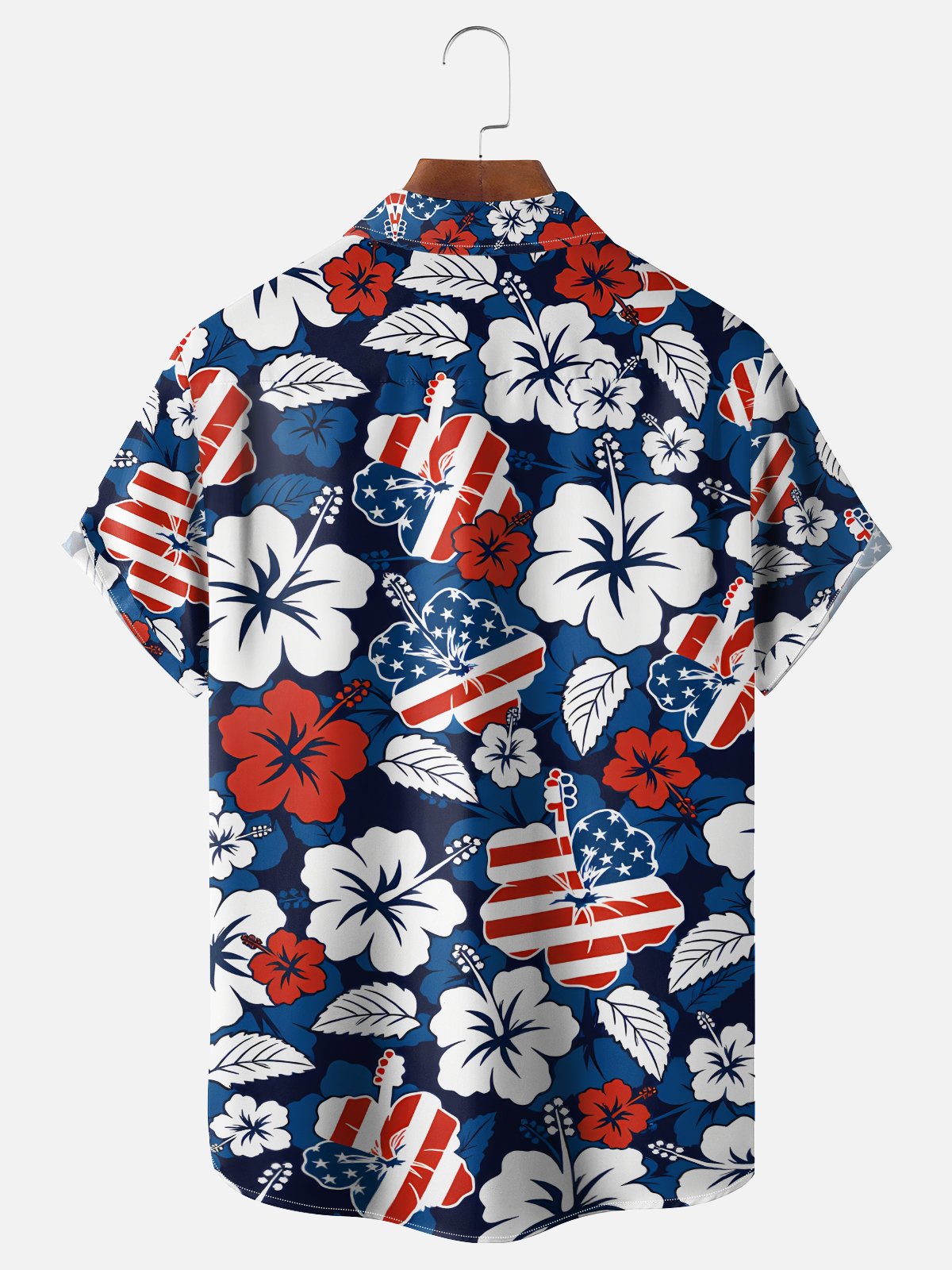 Moisture Wicking U.S. Independence Day Anniversary Flag Floral and Botanical Pattern Chest Pocket Holiday Hawaiian Shirt