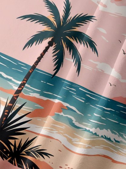 Moisture-Wicking Gradient Coconut Trees Beach And Bigfoot Print Chest Pocket Hawaiian Shirt