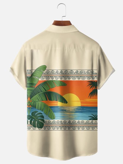 Moisture-Wicking Tropical Plants Palm Leaves And Geometric Pattern  Chest Pocket Hawaiian Shirt