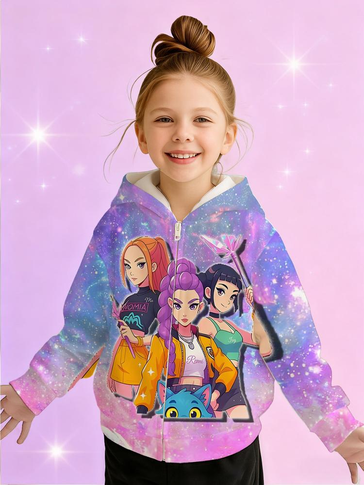 Girls Kpop Demon Hunters Korean Style Colorful Starry Sky Printed Hoodie, Casual Fall Winter Sportswear, Durable Outdoor Activity Jacket