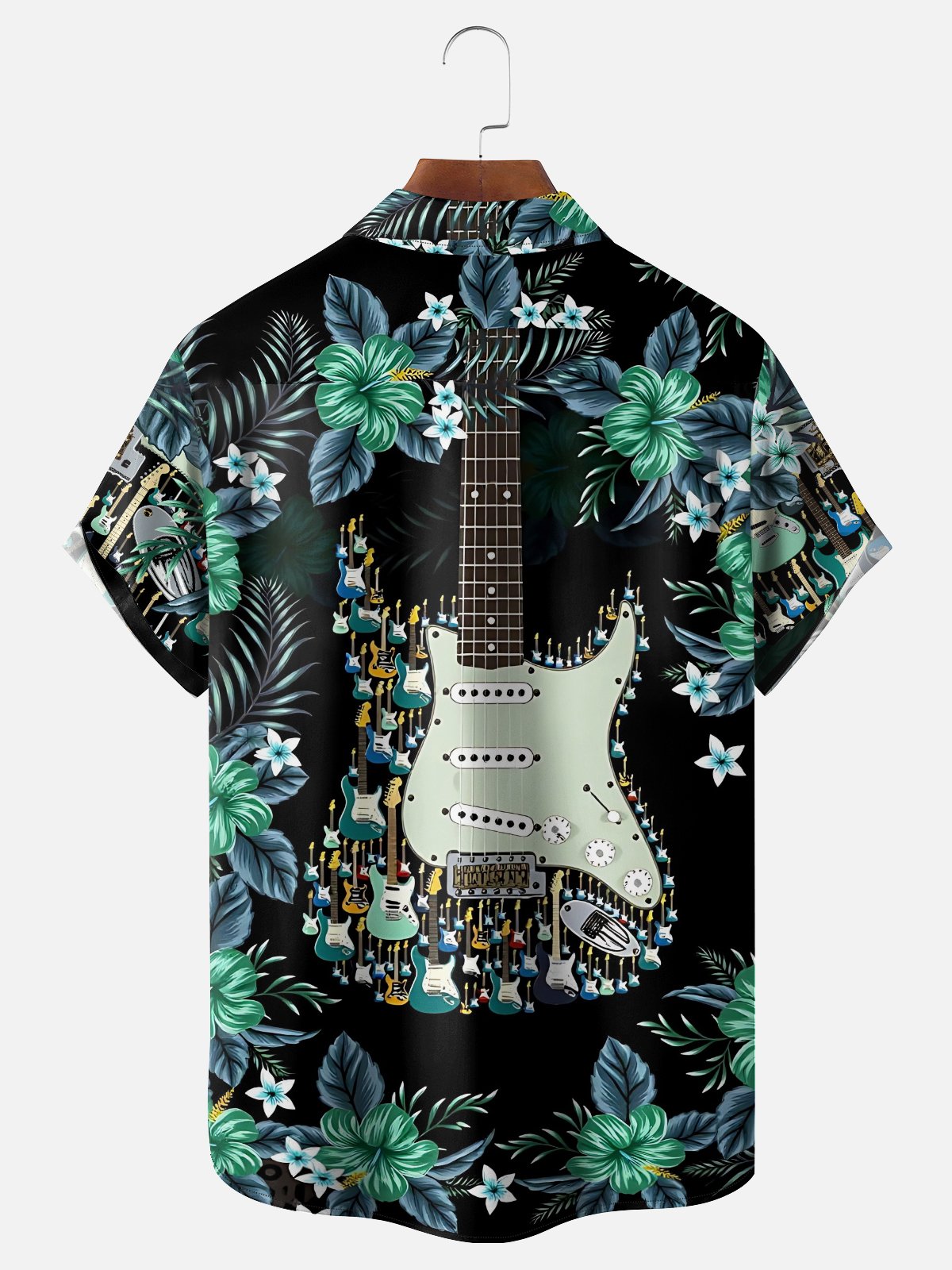 Moisture-Wicking Tropical Floral & Guitar Print Chest Pocket  Hawaiian Shirt