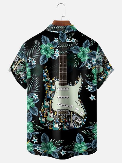 Moisture-Wicking Tropical Floral & Guitar Print Chest Pocket  Hawaiian Shirt
