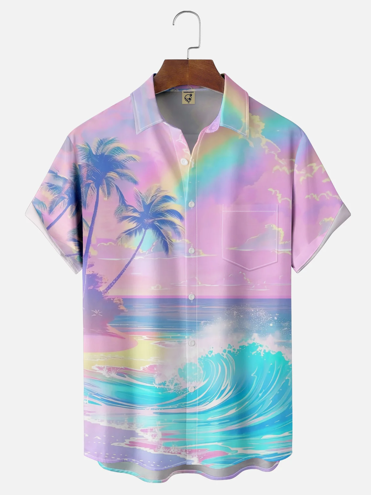 Moisture-wicking Coconut Tree Beach Wave Chest Pocket Hawaiian Shirt