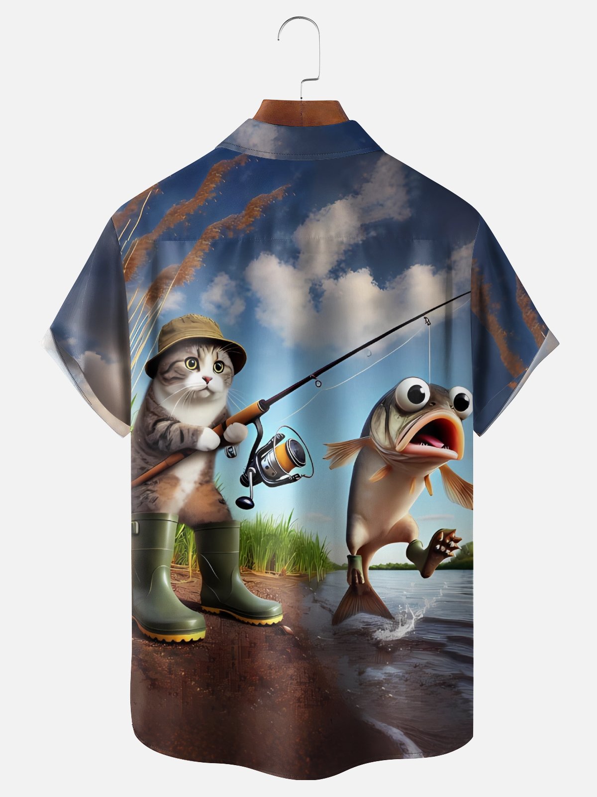 Moisture Wicking Fun Cat Fishing Chest Pocke Holiday Hawaiian Shirt