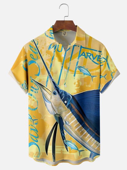 Moisture-wicking Swordfish Ocean Chest Pocket Hawaiian Shirt