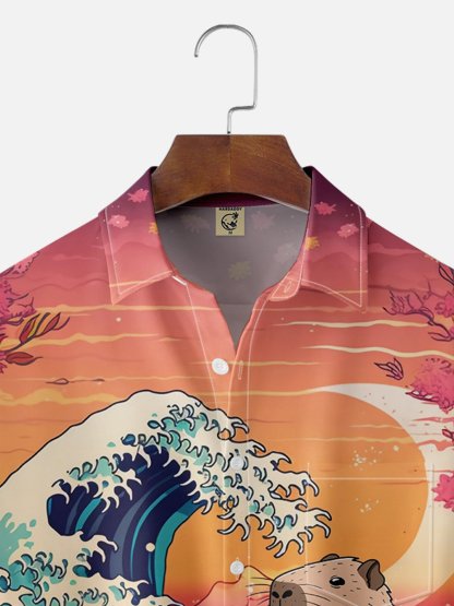 X Artist Kimprut Imut Japanese Ukiyo-e Wave Ramen Capybara Chest Pocket Hawaiian Shirt