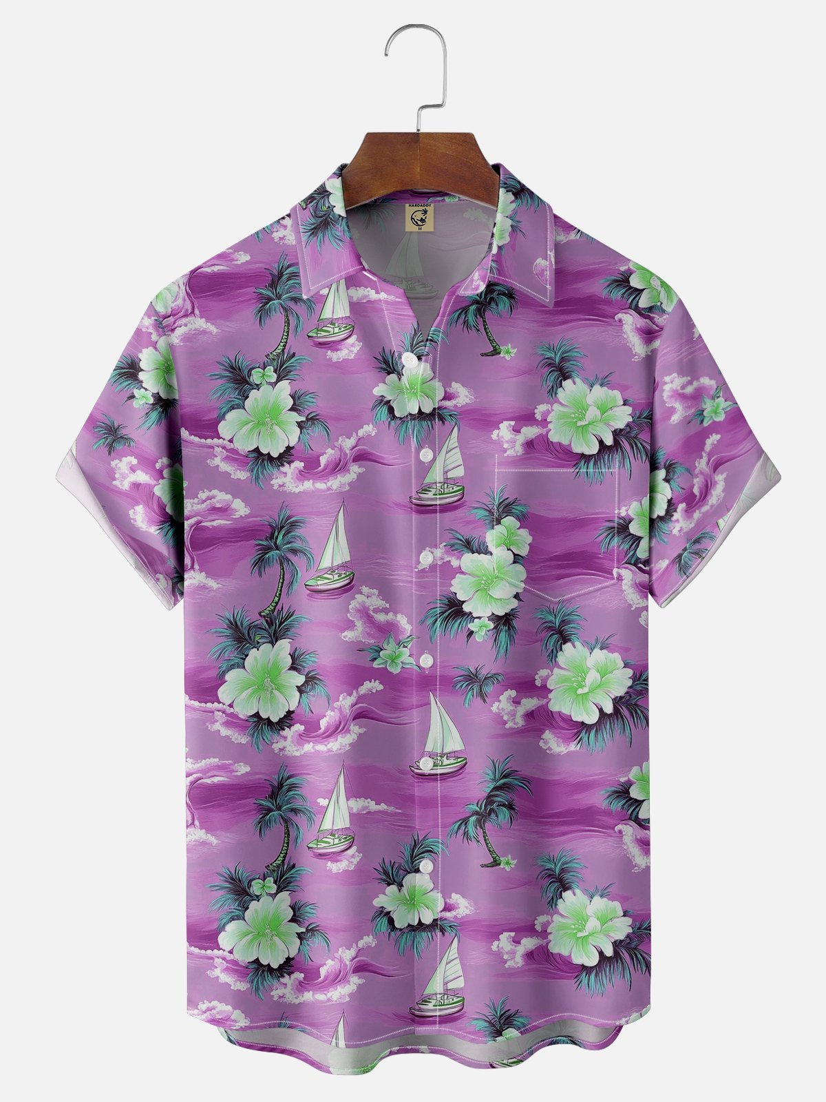 Moisture-wicking Palm Tree Hibiscus Flower Sailing Boat Chest Pocket Hawaiian Shirt