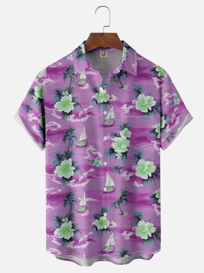 Moisture-wicking Palm Tree Hibiscus Flower Sailing Boat Chest Pocket Hawaiian Shirt