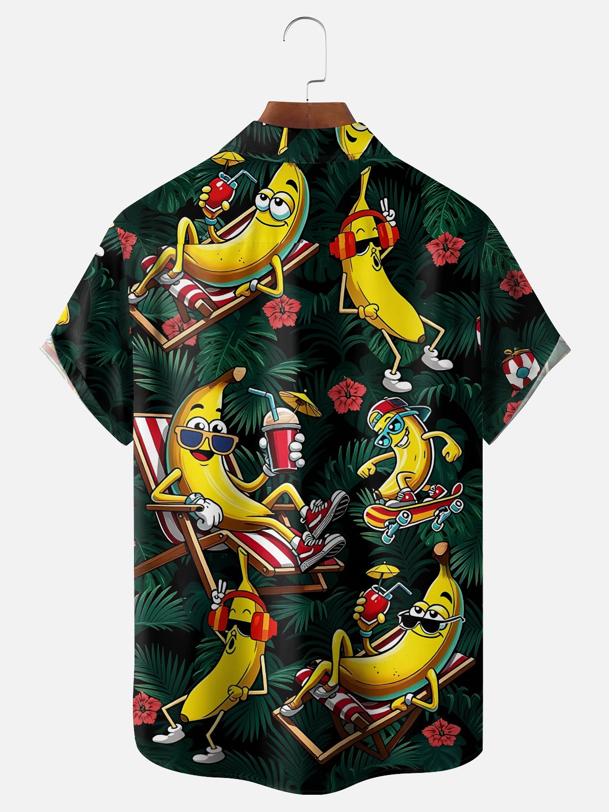 Moisture Wicking Leaf & Banana Print Chest Pocket Holiday Hawaiian Shirt
