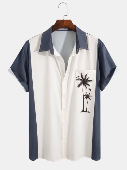 Mens Billiard Shirt Coconut Tree Print Breathable Casual Hawaiian Shirt