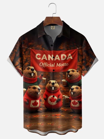 Moisture-Wicking Canada Day Fun Beaver Chest Pocket Festive Hawaiian Shirt