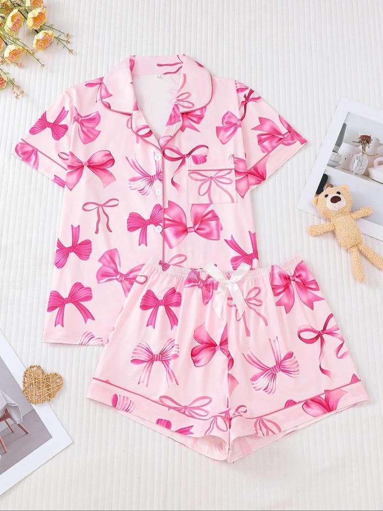 Women's Cartoon Bow Print Short Sleeve Top & Elastic Waist Shorts Pyjama Two-piece Set, Casual Comfy Round Neck Top & Shorts Pj Set, Ladies Summer Sleepwear, Shorts Pajama Set