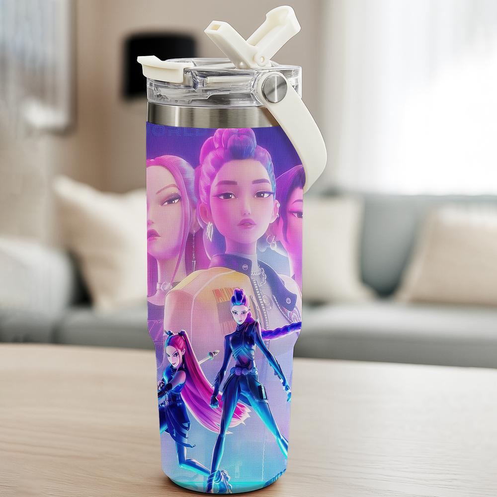 1pc 30oz Stainless Steel Tumbler, Anime Boys Comic Print, with Lid and Straw, Keep Hot 12H / Ice Drinks 24H, Great for Travel, Office, Unique Gift for music Lovers, KPop Demon Hunters