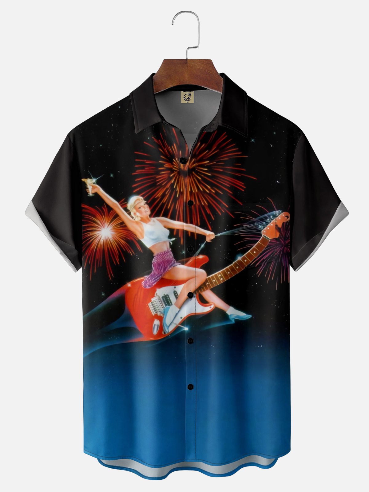 Moisture Wicking Beauty Guitar Chest Pocket Hawaiian Shirt