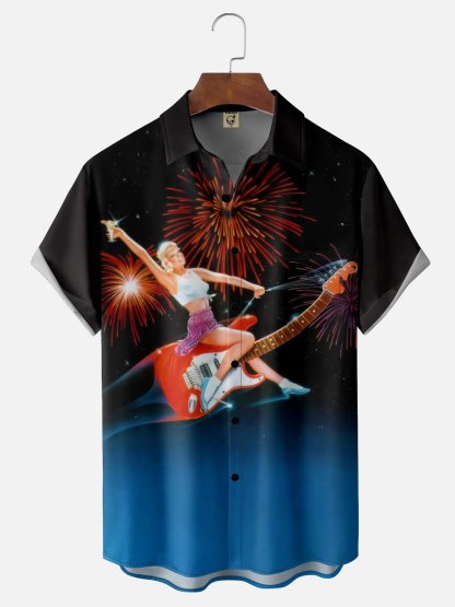 Moisture Wicking Beauty Guitar Chest Pocket Hawaiian Shirt