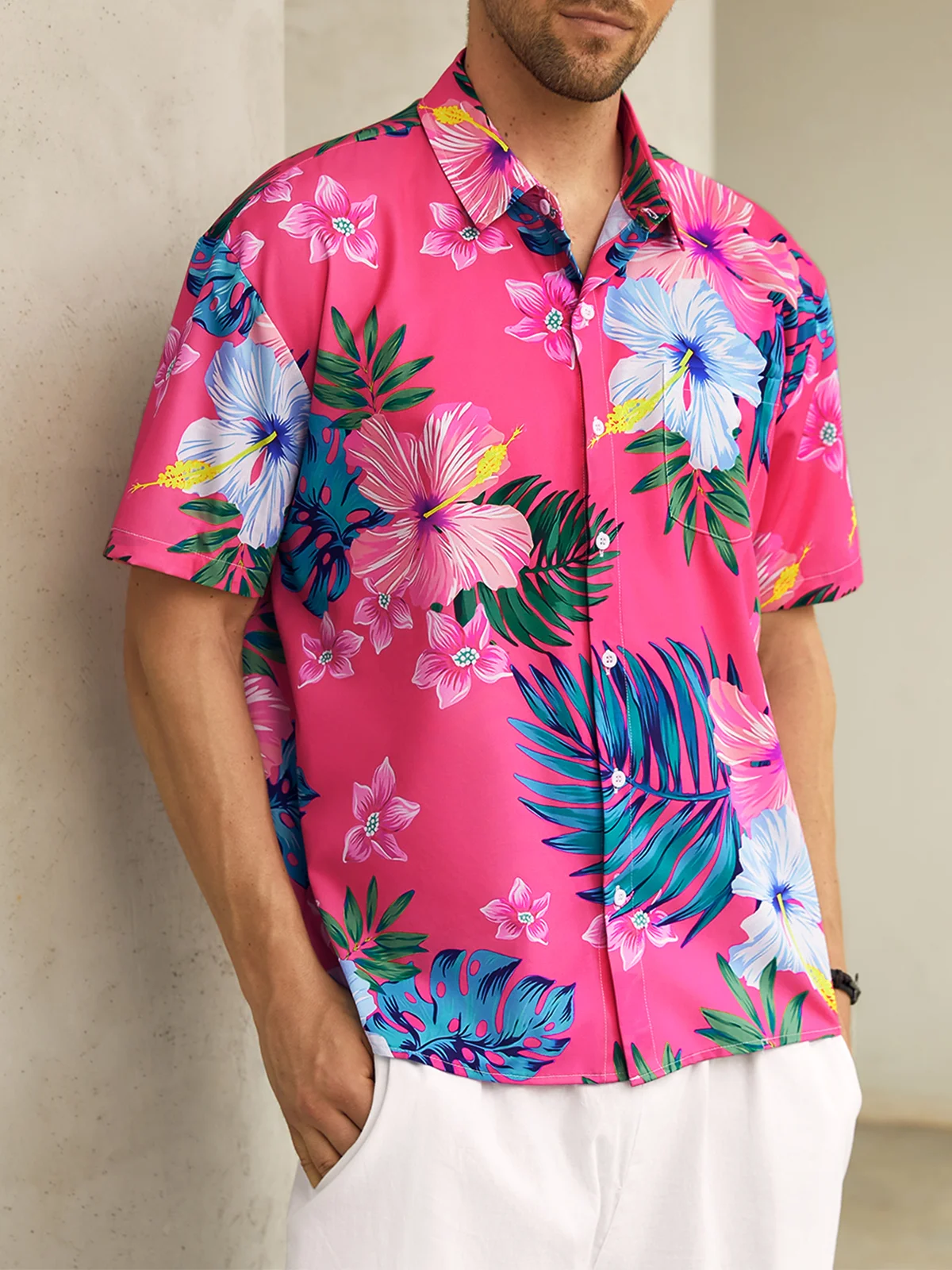 Floral Chest Pocket Short Sleeve Hawaiian Shirt