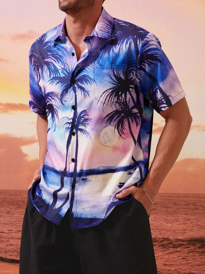 Mens Coconut Tree Sunset Print Casual Breathable Chest Pocket Short Sleeve Hawaiian Shirt