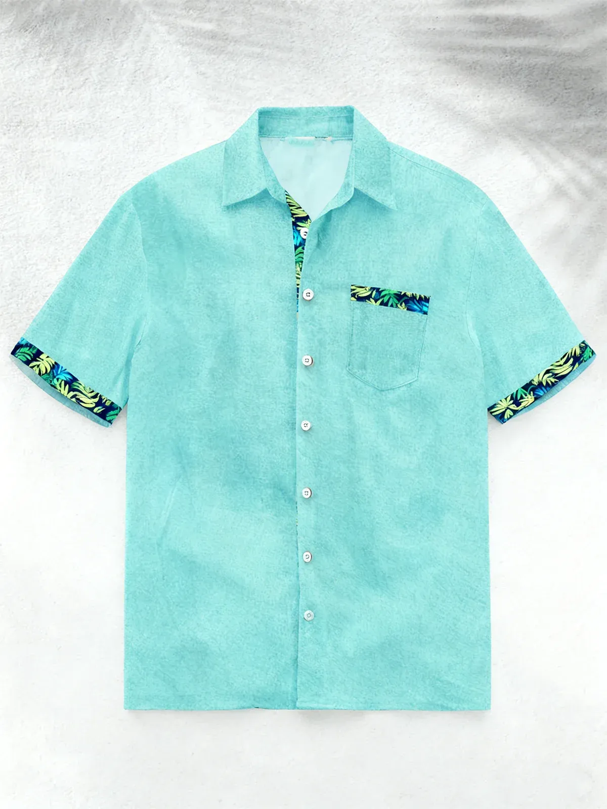 Linen Texture Plant Based Solid Color Patchwork Chest Pocket Holiday Hawaiian Shirt