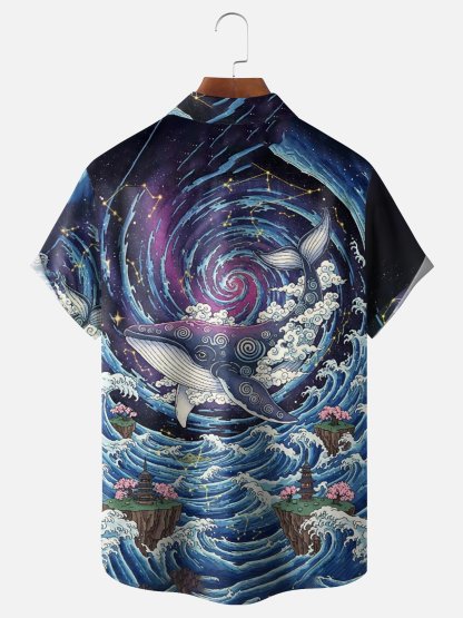 Moisture Wickin Japanese Ukiyo-e Waves and Whales Chest Pocket Holiday Hawaiian Shirt