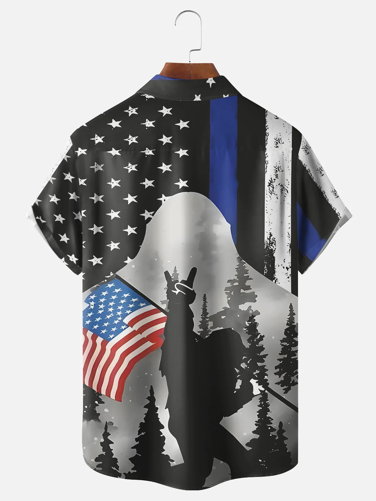 Moisture Wicking American Flag Bigfoot Mask Chest Pocket Casual Hawaiian Shirt