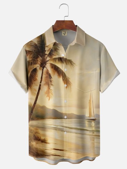 Moisture-wicking Beach Coconut Tree Chest Pocket Hawaiian Shirt