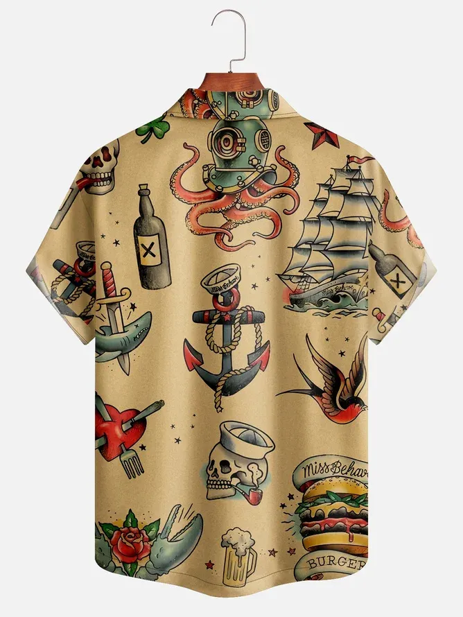 Mens Hawaiian Sailing Print Camp Collar Loose Short Sleeve Funky Tattoo Hawaiian Shirt