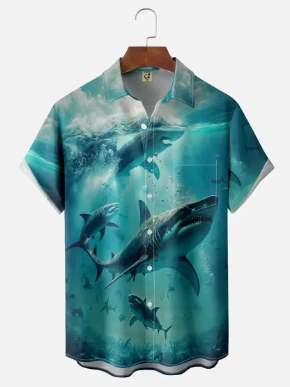 Moisture-wicking Ocean Marine Shark Chest Pocket Hawaiian Shirt