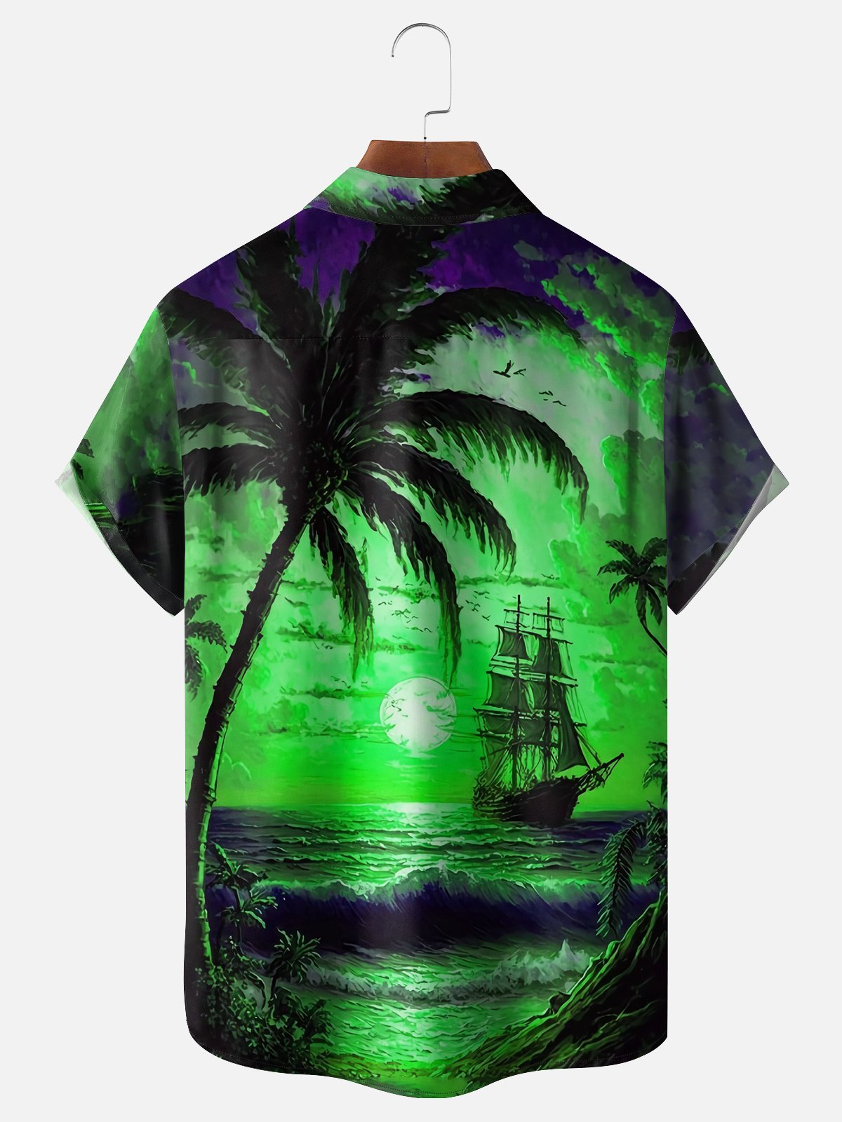 Moisture-wicking Palm Tree Sailing Boat Chest Pocket Hawaiian Shirt