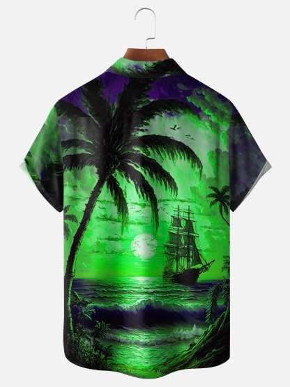 Moisture-wicking Palm Tree Sailing Boat Chest Pocket Hawaiian Shirt