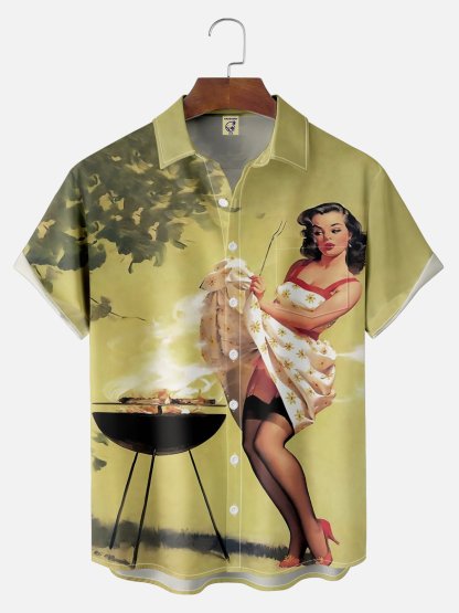 Big Size Moisture-wicking BBQ Beauty Chest Pocket Hawaiian Shirt