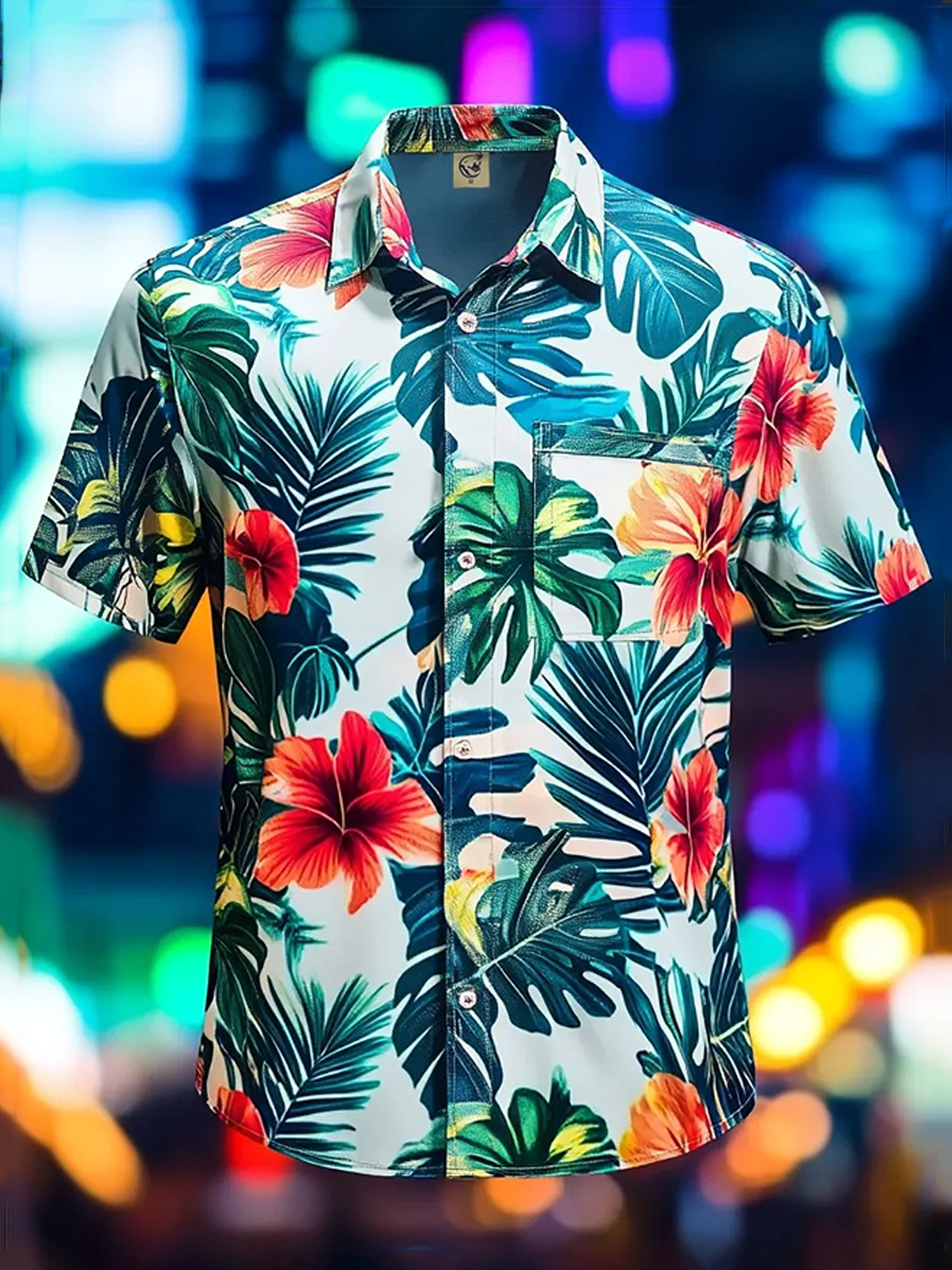 Moisture-Wicking Botanical Floral Chest Pocket Holiday Hawaiian Shirt