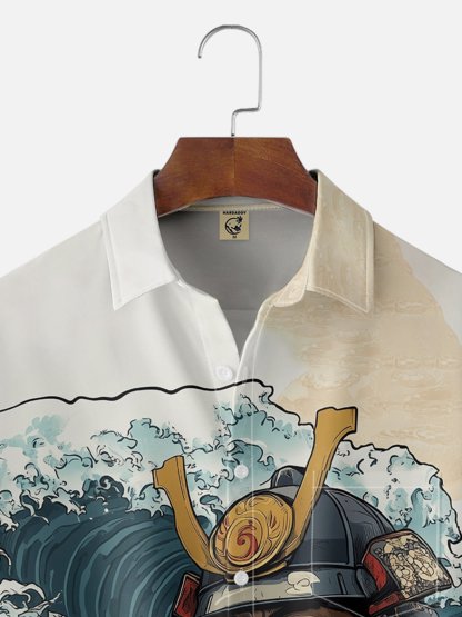 Moisture Wicking Ukiyo-e Wave Samurai Chest Pocket Hawaiian Shirt