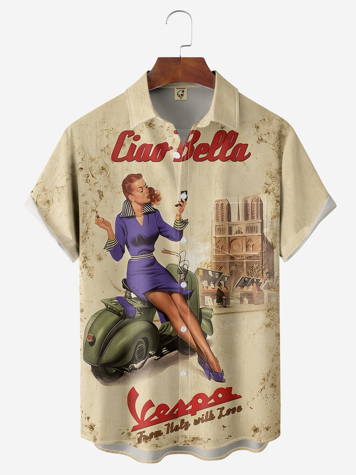 Moisture-wicking Retro Poster Beauty Chest Pocket Hawaiian Shirt