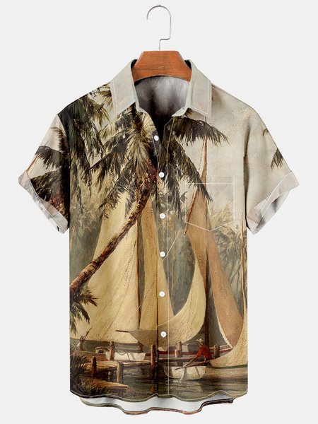 Big Size Coconut Tree Chest Pocket Short Sleeve Hawaiian Shirt