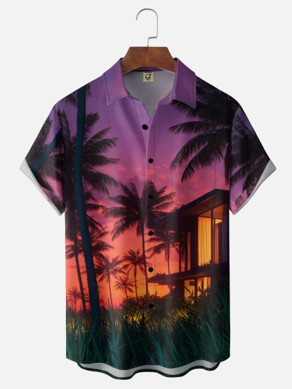 Moisture-wicking Coconut Trees Gradient Chest Pocket Hawaiian Shirt